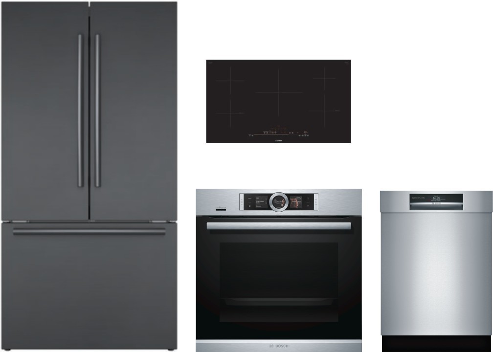 Bosch BORECTWODW119 4 Piece Kitchen Appliances Package with French Door Bosch Black Stainless Steel Appliance Package