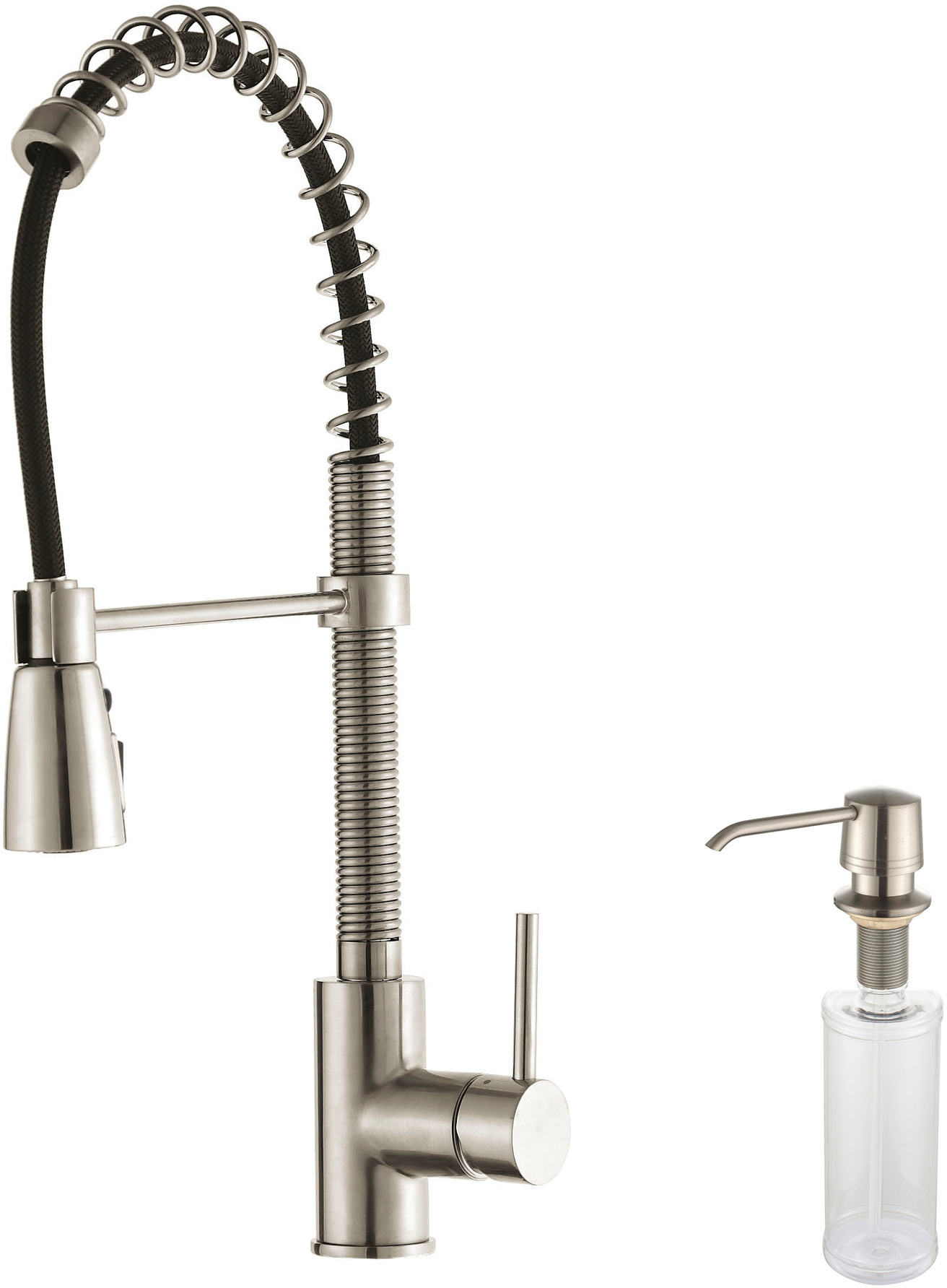 Kraus Kpf1612ksd30ss Single Lever Spiral Spring Kitchen Faucet With Hi Arc Spray Head 2 2 Gpm Flow Rate Drip Free Ceramic Cartridge And Chrome Soap Dispenser